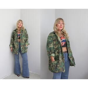 1980's Vintage Oversized Army Woodland Jacket ~ Women's MD LG  XL ~ Men's SM MD